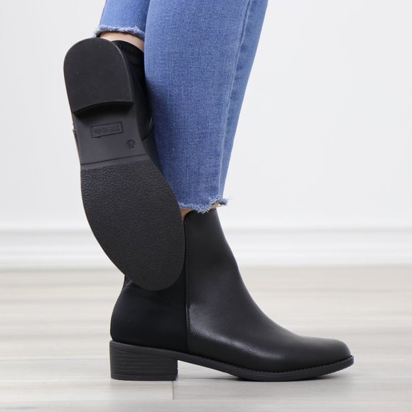 Black Dual Material Round Toe Low Heel Ankle Boots - Picture 6 of 12